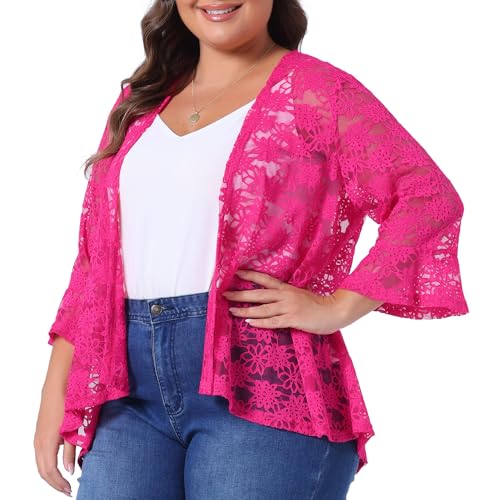 Image of Agnes Orinda Women Plus Size Open Front Lace Cardigans | 3 /4 Bell Sleeve Sheer Formal Bolero Shrugs Lightweight Floral Crochet Cover Up