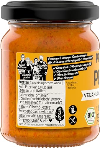 PPURA Bio Pesto Vegane Calabrese | Pasta-Sauce mit Paprika, Tomaten & Nat. Olivenöl Extra | 100% Natürlich Ohne Zuatzstoffe | Authentisch Ohne Sonnenblumenöl| Nudel-Soße Vegan & Glutenfrei | 120g Glas
