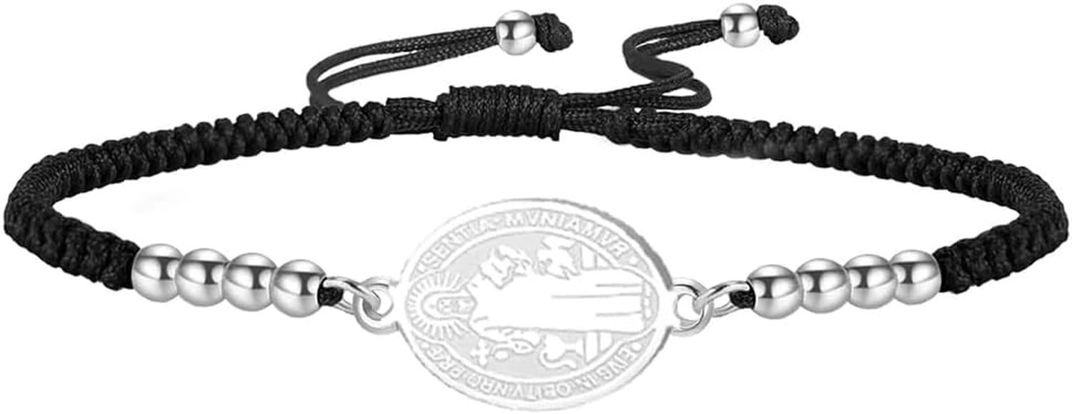 HUGGWRT Saint Benedict Medal Bracelet, Handmade Adjustable String Rosary for Exorcism Protection, Christian Religious Cord Jewelry for Catholic Women Men, S-B string 2