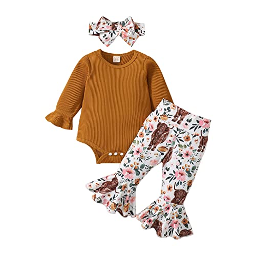 Image of fhutpw Newborn Baby Girl Clothes Infant Rib Frill Long Sleeve Romper Flared Pants Headband Set 3pcs Fall Winter Outfits