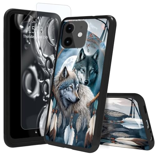ACWDMKH for iPhone 11 Phone Case with Screen Protector Tempered Glass Back & Shockproof TPU Bumper Scratch-Resistant Heavy Duty Rugged Cute Slim Thin Cover for Women,Dream Catcher Wolf