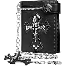 Wallet with Cross Chain Leather - Jesus Gifts - Punk Skull Gothic Bifold Halloween Goth Accessories | UnisexA
