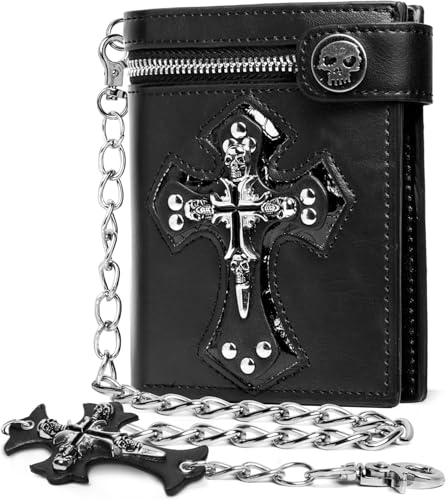 Wallet with Cross Chain Leather - Jesus Gifts - Punk Skull Gothic Bifold Halloween Goth Accessories | Unisex(A)