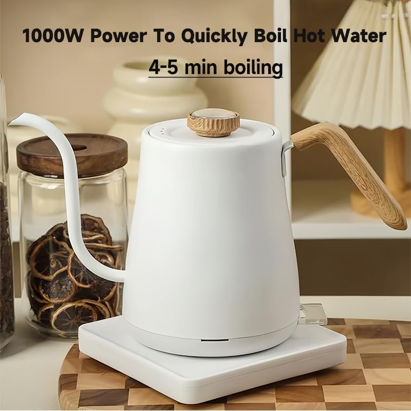 Small Hot Wlectric Kettle, Gooseneck Electric Kettle With Thermometer, Automatic Shut Off, No Plastic, 304 Stainless Steel Inner, for Pour Over Coffee, Brew Tea, Fast Boiling Water,1000w, 0.8L(White)