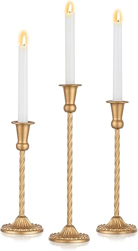 Nuptio Portavelas dorado, 3 piezas, portavelas de metal para velas, velas cónicas, centros de mesa para bodas, fiestas, cumpleaños, Navidad,