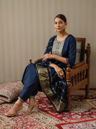 Image of Kaari Women's Embroidered Kurta Set with Pant & Dupatta | Ethnic Kurta Set for Women | Straight Fit | Round Neck | Festive, Wedding, Ceremony