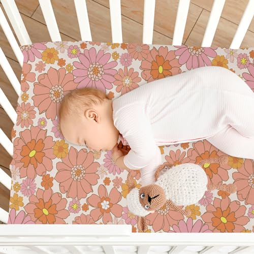 Image of CaTaKu Mini Crib Sheets Fitted for Girls Boys Retro Orange Flower Baby Crib Sheets, Neutral Mattress Sheets Nursery Toddler Bed Sheets 28 inchx 52 inch