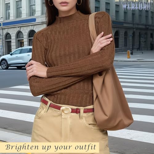 WERFORU Women Skinny Belts for Dress Jeans Ladies Thin Faux Leather Belt with Unique Gold Buckle,0.7" width2