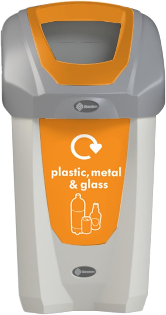 Nexus 30 Plastic, Metal & Glass Recycling Bin (Grey, Orange Sticker) – Plastic Recycling Container for Mixed Waste – Compact 30-Litre Mixed Recyclables Recycling Bin