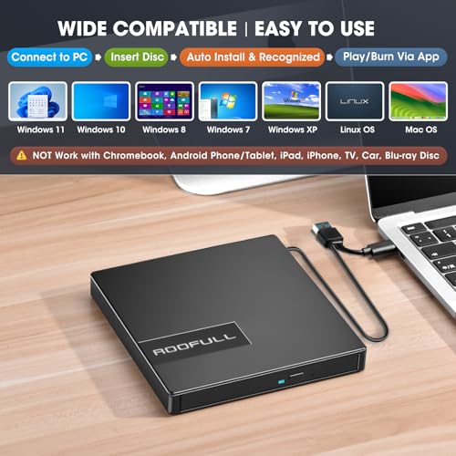 Image of ROOFULL External CD DVD Drive for Laptop USB 3.0 & USB-C | 8-IN-1 CD DVD Optical Disk Drive Burner Writer with USB Ports + SD /TF Card Reader + Carrying Case for Windows Mac Linux PC