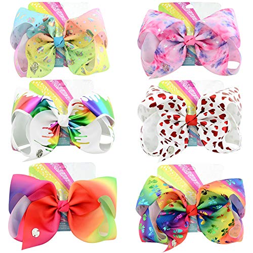 6pcs 8 Inches Large Hair Bows Alligator Clips Unicorn Hair Barrettes Grosgrain Ribbon Hair Accessories for Kids Toddlers Teens (2)