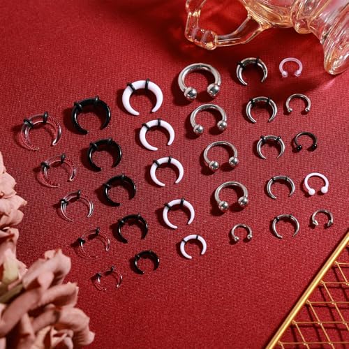 30pcs Septum Rings Kit, 6G-16G Acrylic and Stainless Steel Septum Stretching Jewelry Kit Including Horseshoe Nails & Tooth Tip Nails Pincher Rings for Women Men Decorations (4 Colors)4