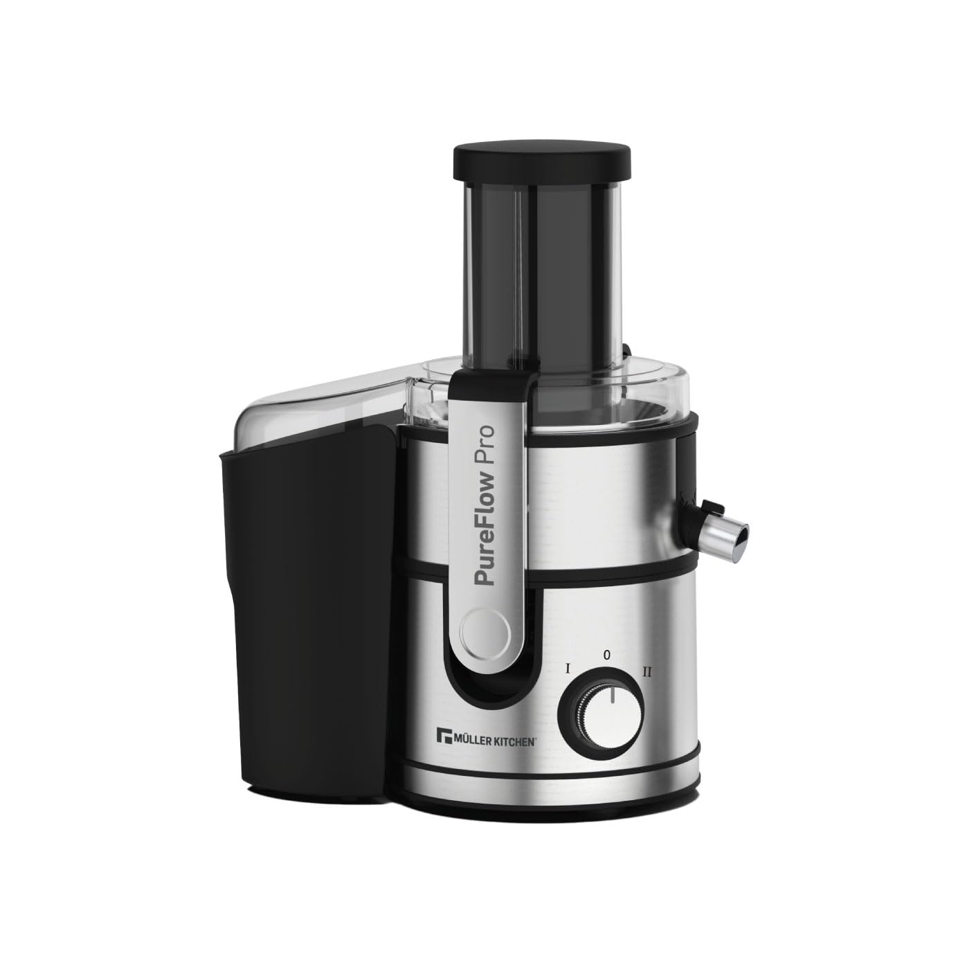 Muller Kitchen MK-6075 Licuadora para verduras y frutas (INOX, Tubo de alimentación extra grande, 2 velocidades, pies de goma antideslizantes)
