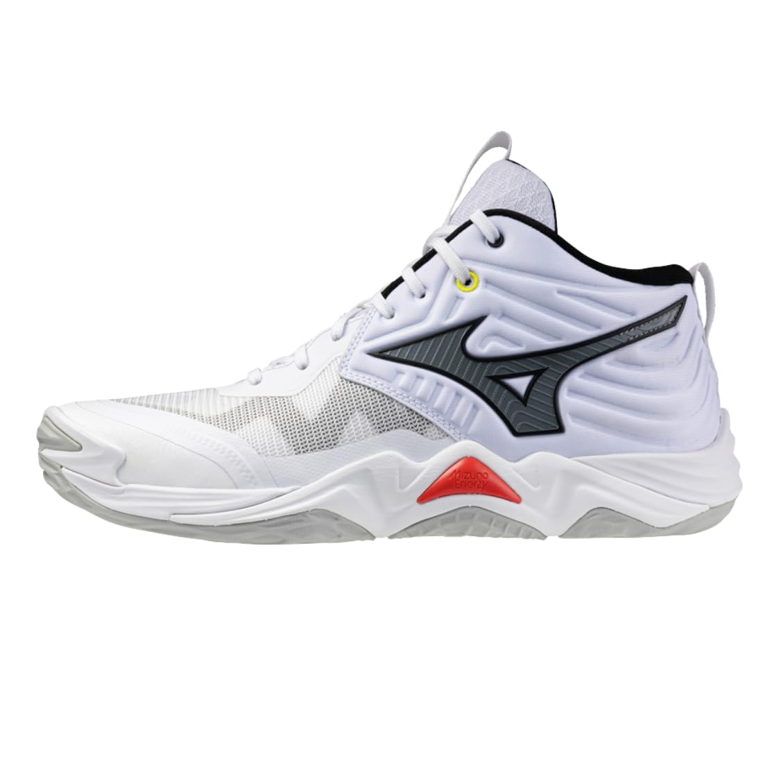 Mizuno Wave Momentum Elite Mid, Chaussures de volley-ball, Blanc/Noir, Amortissement Enerzy, Stabilité Avancée