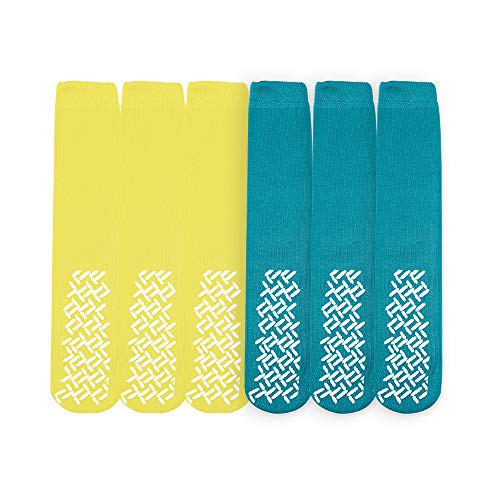 Nobles Assorted Non Skid Socks 6 Pairs Made in USA (3 Yellow 3 Teal)