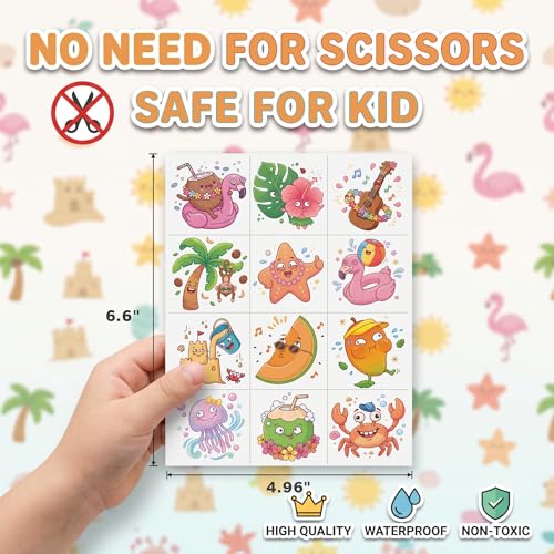 Image of 96 PCS Funny Summer Temporary Tattoos for Kids | Cute Tropical Beach Waterproof Fake Tattoo Stickers, Silly Vacation Birthday Party Favors, Rewards Gifts for Boys Girls