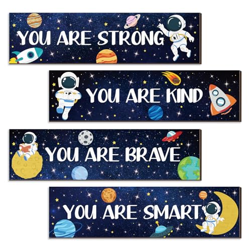 4 Pack Space Bedroom Wall Decor Boys Inspirational Wooden Hanging Wall Sign Motivational Quote Wall Decor for Kids Room, Home, School, Nursery, Kindergarten