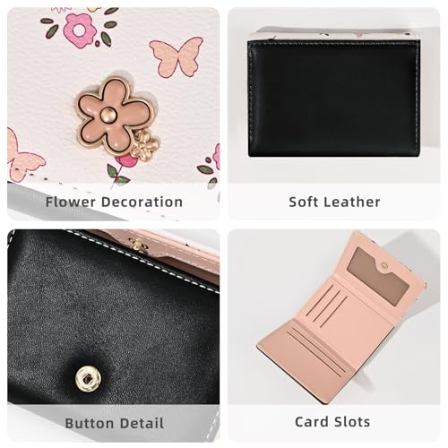 Small Wallets Woman, Cute Tri-fold Flower Wallet for Women, Floral Wallets Credit Card Coin Holder Purse with ID Window for Key Cash Change (Black)3