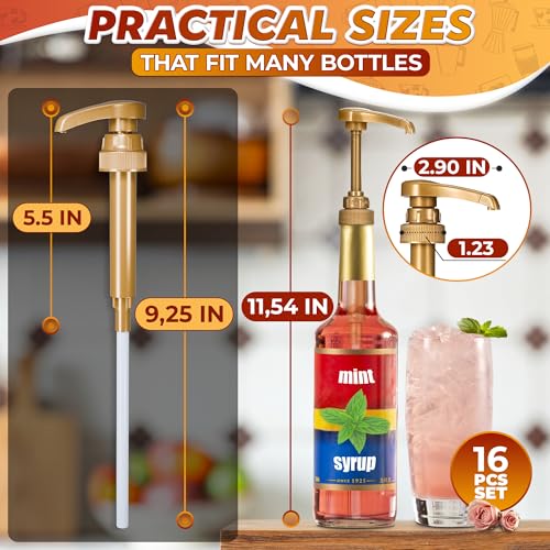 Image of 16 Pсs Gold Coffee Syrup Dispenser Pump - 9.25 inch Closed /11.54 inch Open Coffee Syrup Pump - Fits Various 25.4 oz Bottles, Lock Mechanism, Easy Cleanup, Leak-Resistant Design for Liquids, Sauces & Pastes