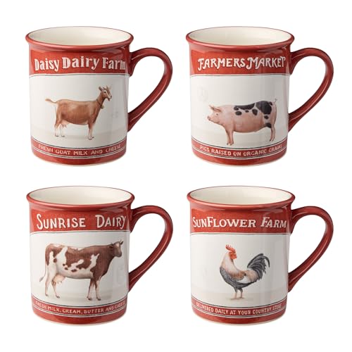 Vintage Farm 16-Ounce Mugs, Set Of 4, Farm Animal Designs With Red Accents & Vintage Typography, Durable & Rustic, Perfect For Coffee, Tea, Soups & Farmhouse-Style Kitchens