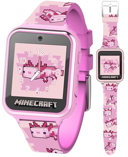Minecraft Kids Smartwatch – Pink Axolotl Design, 10 Watch Faces, Step Counter, Selfie Camera, Calculator, Games, Voice Recorder, Alarm & Timer, Printed Silicone Straps – Fits Wrists 5.5