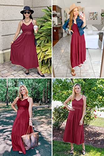 Image of Dokuritu Women's Beach Crochet Lace Maxi Dress Solid Color Summer Vacation Wedding Guest Spaghetti Strap Long Dress