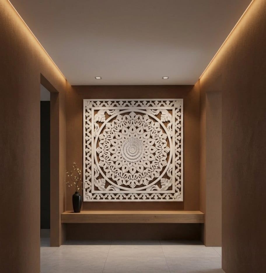 Image of Wall panel Floral MDF Wall Decoration Panel, Hanging Wood Carving Wall Decoration Panel for Living Room, Bedroom, Hallway, Office Wooden Wall Hanging Plaque, Wood Carving (Square White)