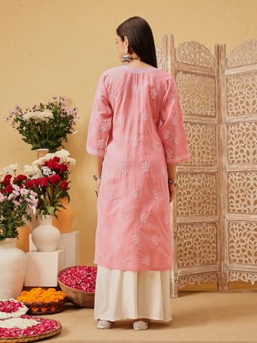 Image of Ada Women's Cotton Straight Fit Straight Hand Embroidered Lucknowi Chikankari Kurta Kurti A411165
