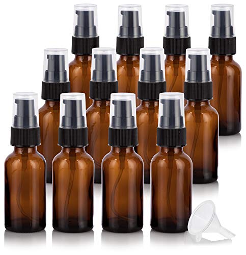 1 oz Amber Glass Boston Round Treatment Pump Bottle (12 Pack) + Funnel for Essential Oils, Aromatherapy, Food Grade, bpa Free