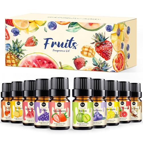 RAINBOW ABBY Fruity Fragrance Oil for Candle & Soap Making 10 Fruit Scents in 5ML Bottles Coconut Strawberry Watermelon Mango Pineapple Summer Premium Aromatherapy Diffuser Oils Set