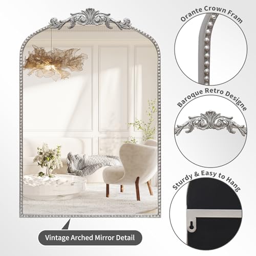 Image of Antique Silver Arch Wall Mirror, 24 inchx36 inch Traditional Vintage Mantel Mirror with Ornate Metal Frame, Baroque Victorian Mirror for Fireplace /Entryway /Bathroom /Living Room /Hallway