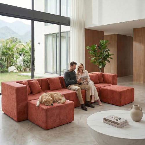 Image of MONVANE 130'' Oversized Boneless Sectional Couches for Living Room, 6-Seat U Shaped Cloud Couch, Modular Sofa with Ottoman & 6 Throw Pillows, Comfy Chenille, No Assembly Required, Red