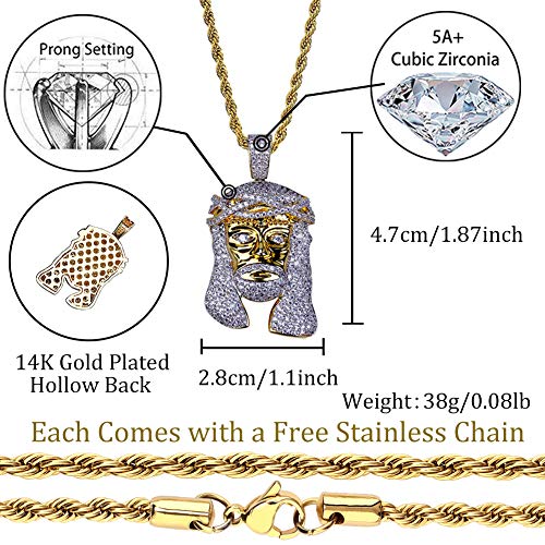 TOPGRILLZ Jesus Pendant Necklace Rope Gold Chain for Men Iced out 14K Gold Plated Simulated Diamond Chain Stainless Steel Chain 24 inch2