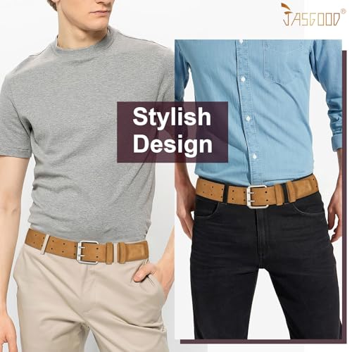 Image of JASGOOD Men Double Prong PU Leather Belt Casual Work Heavy Duty Belt Double Grommet Holes Belt for Jeans