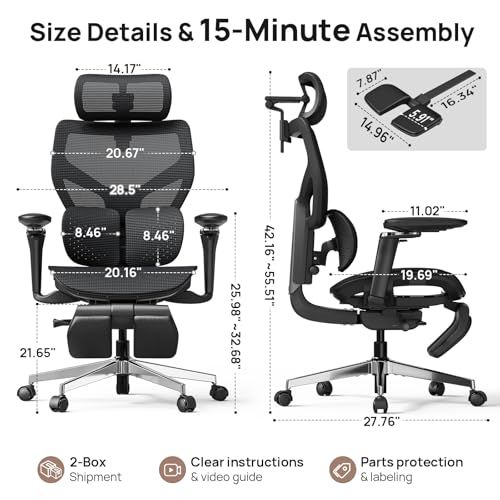 Image of Ergonomic Office Chair with Adaptive Dual-Wing Lumbar Support - Over 10 Hours Sitting Comfortable Mesh Big and Tall Home Desk Chair, 4D Headrest, 2-Gear Footrest, 630 Armrst, Seat Depth Adjustable