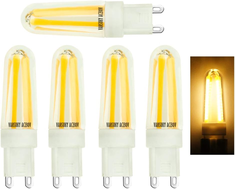 VANZUQUE 5pcs G9 4 Watt Warm White LED Light Bulbs,Dimmable 4W 3000K 4 Filament COB LED Light Bulbs, AC220V-240V, Equivalent to 40W Halogen lamp,360° Beam Angle.