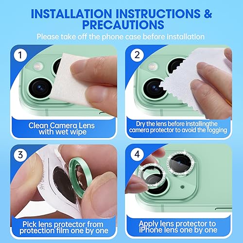 Image of Tempered Glass Camera Lens Protector Compatible For Iphone 15 /15 Plus Bling,Individual Metal Diamond Ring 9H Hardness Scratchproof Protector,Stylish Accessories,Case Friendly(Green Diamond)