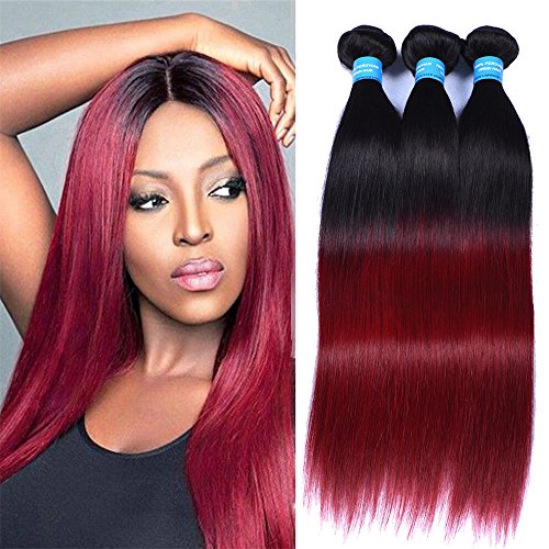 Prime Brazilian Silky Straight Real Human Hair Extension 3 Bundles Black to Wine Red Ombre Two Tone Hair Weave Wefts(T1B/99J,22",22",24")