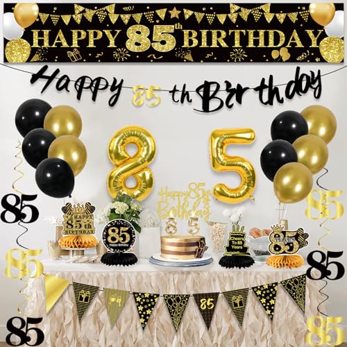 Image of 85th Birthday Decorations for Men, Black Gold 85th Party Decoration Kits | 27pcs Happy 85th Birthday Set: Banner, Honeycomb, Balloons, Gold Number, Candle, Hanging Swirls, Cake Topper, Party Supplies