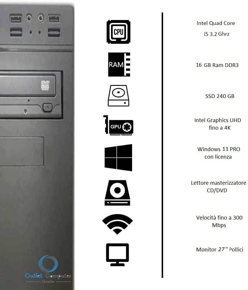 PC Computer Desktop Completo CPU i5 - RAM 16GB - SSD 240GB - MONITOR 27"