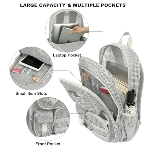 Grey Mesh Backpack for Girls Boys, Heavy Duty School Bookbag Womens Semi-Transparent Net Back Pack for Work Travel Beach3