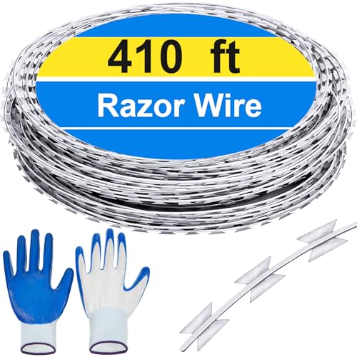 Hoolerry 410Ft Razor Wire Fencing Concertina Barbed Wire Fence Galvanized Steel Razor with Protective Gloves for Garden Wall Farm Factory Back Yard Security