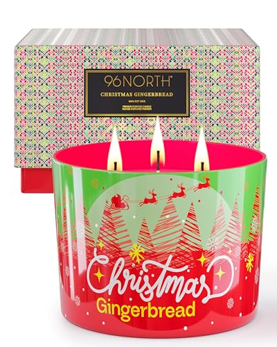 96NORTH Vela de Navidad de lujo con aroma a pan de jengibre, vela grande en tarro de 3 mechas, hasta 40 horas de combustión, cera de soja 100% natural, regalo ideal para Navidad