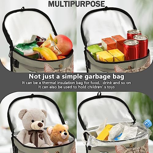 Image of Fun Cute Cat Driving Car Trash Can Car Garbage Bag with Lid Hanging Waterproof Leak Proof Vehicle Storage Bin