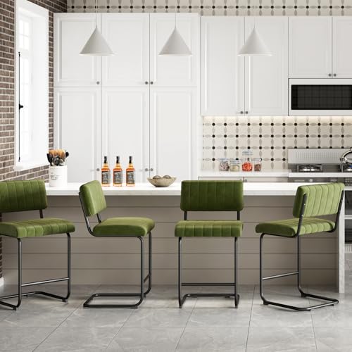 Image of ONEVOG 24 Inch Green Counter Bar Stools Set of 4, Mid-Century Modern Counter Height Cantilever Chairs for Kitchen Island, Upholstered Velvet Fabric Barstools with Back and Metal Leg, Olive Green