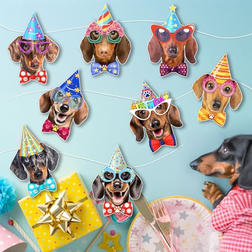 Image of Dachshund Birthday Banner Garland - Photographic Weiner Dog Faces Birthday Decoration, Funny Dachshund Bday Party Bunting for Weiner Dog Lovers, Pre-Strung & Ready to Hang