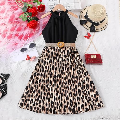 Girls' Leopard Print Sleeveless Dress Sleeveless Hanging Neck Dress with Belt Decoration 8-12 Years2
