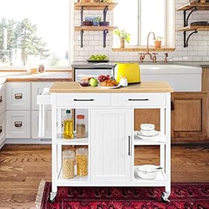 Yaheetech kitchen island cart with bamboo countertop rolling kitchen storage trolley with 2 drawers and adjustable shelves compartment cabinets and towel bar 385x18x36 inches white  urban country home decor