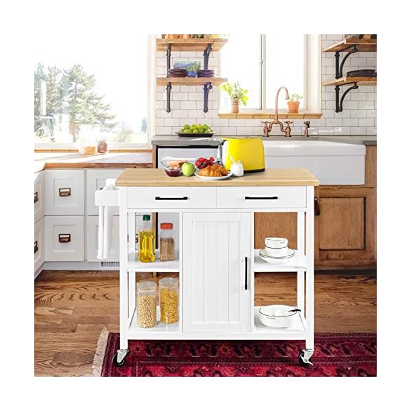 Yaheetech kitchen island cart with bamboo countertop rolling kitchen storage trolley with 2 drawers and adjustable shelves compartment cabinets and towel bar 385x18x36 inches white  urban country home decor