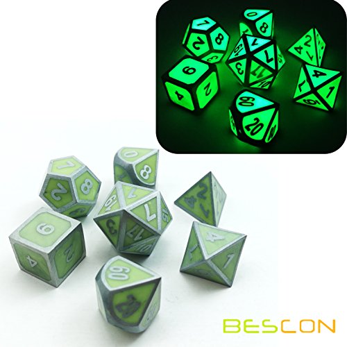 Bescon Superduty Glow in The Dark Solid Metal Polyhedral D&D Dice Set of 7 Luminous Metallic RPG Role Playing Game Dice 7pcs Set D4-D20 Glowing Metal Dice